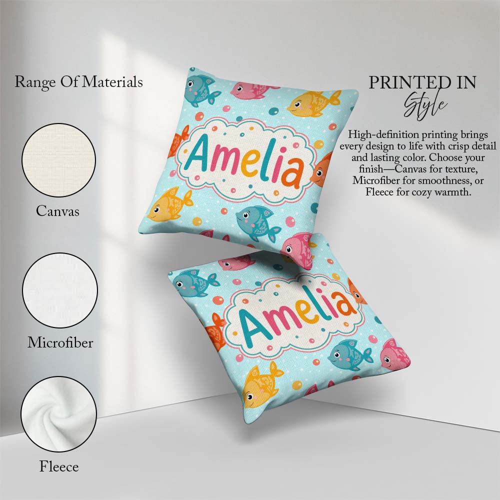 Custom Name Cute Colorful Fish Ocean Bubbles Underwater Seamless Square Filled Cushion Throw Pillow Sofa Bed Home Decor Zip Washable UK Made