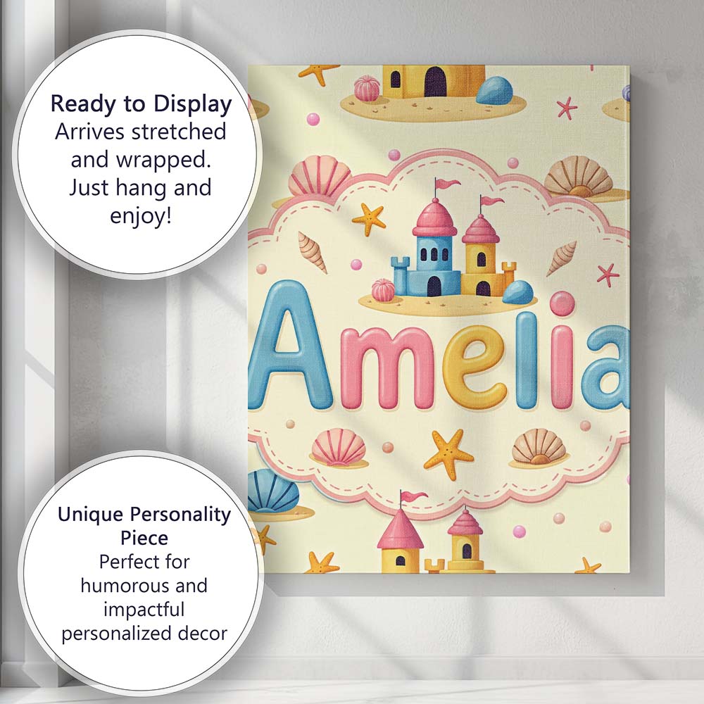 Personalised Name Cute Sandcastles Seashells Custom Bespoke Contemporary Display Canvas Wall Art Print Decor Picture Ready to Hang