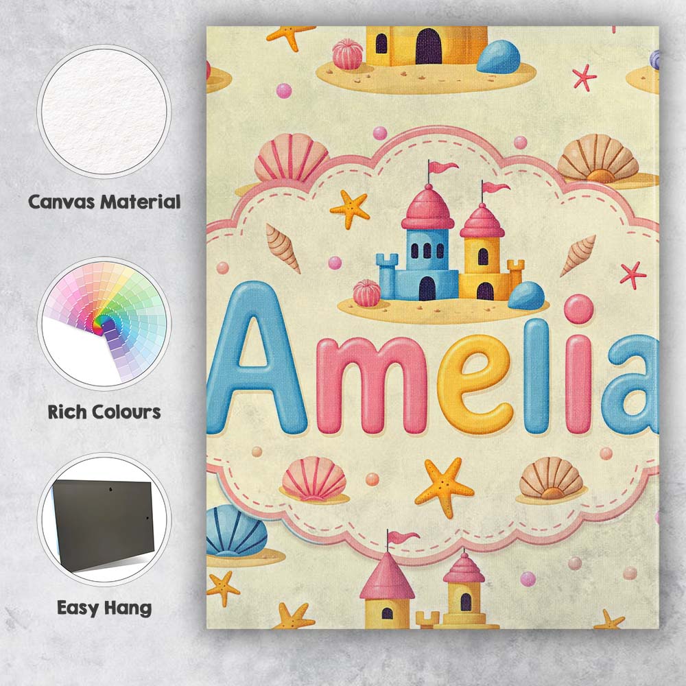 Personalised Name Cute Sandcastles Seashells Custom Bespoke Contemporary Display Canvas Wall Art Print Decor Picture Ready to Hang