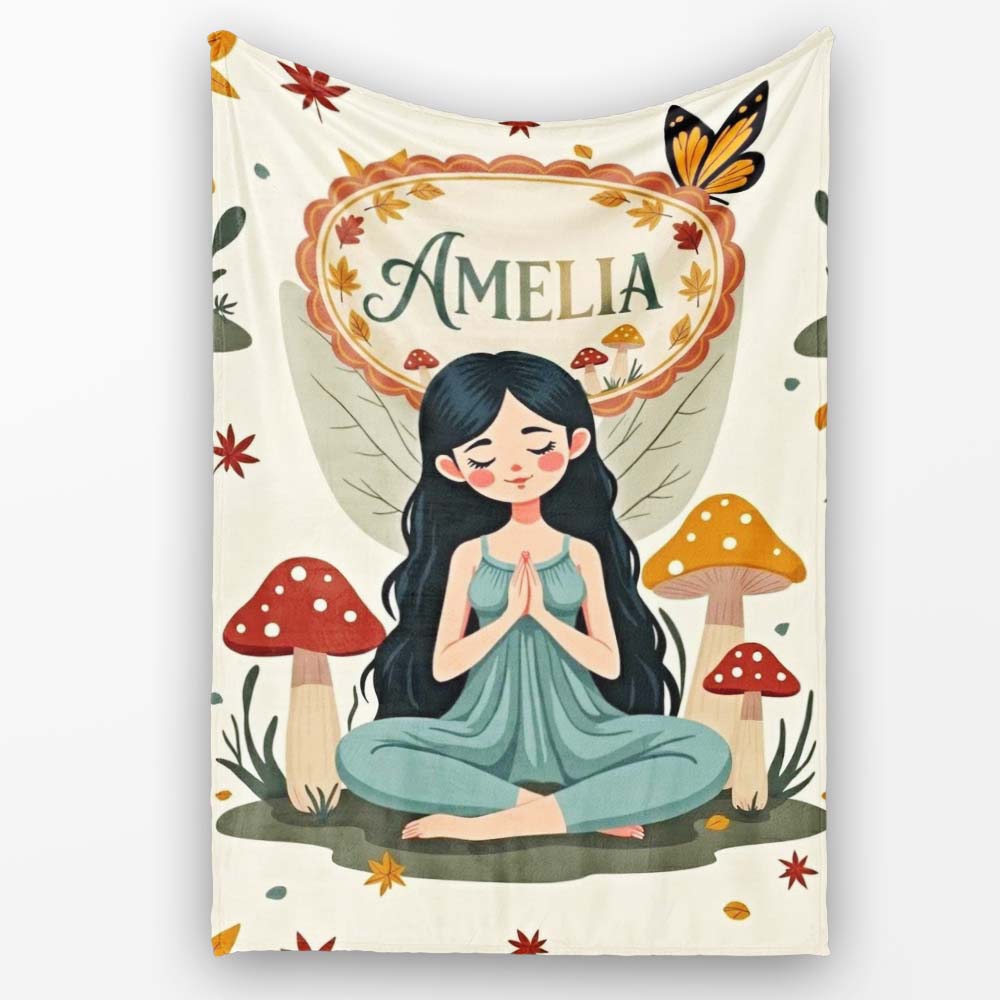 Cute Fairy with Mushrooms Butterflies Autumn Leaves Seamless Pattern Personalised Custom Name Super Soft Fleece Blanket Bed Sofa Throw