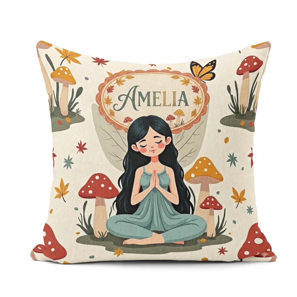 Custom Name Fairy with Mushrooms Autumn Leaves Seamless Pattern Square Filled Cushion Throw Pillow Sofa Bed Home Decor Zip Washable UK Made