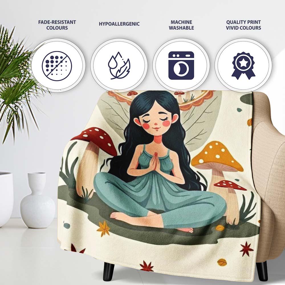 Cute Fairy with Mushrooms Butterflies Autumn Leaves Seamless Pattern Personalised Custom Name Super Soft Fleece Blanket Bed Sofa Throw
