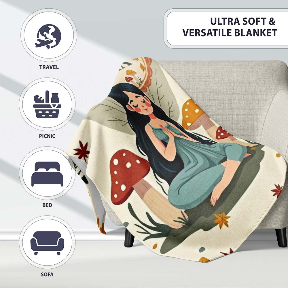 Cute Fairy with Mushrooms Butterflies Autumn Leaves Seamless Pattern Personalised Custom Name Super Soft Fleece Blanket Bed Sofa Throw