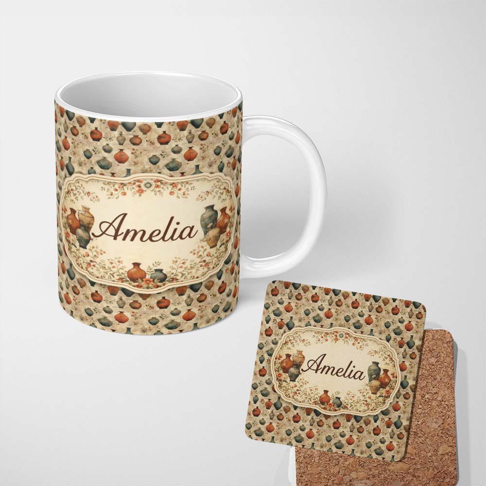 Personalized Custom Name Vintage Pottery and Botanical Elements Pattern in Warm Neutral Tones 11oz Ceramic Coffee Tea Mug White Large Handle