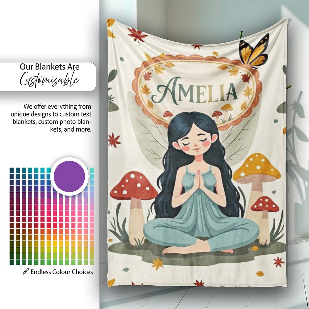 Cute Fairy with Mushrooms Butterflies Autumn Leaves Seamless Pattern Personalised Custom Name Super Soft Fleece Blanket Bed Sofa Throw
