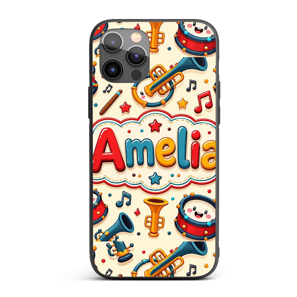 Cute Musical Instruments Drums Trumpets Notes Fun Custom Name Protective Phone Case Mobile Cover Durable Everyday Smartphone Shock Resistant