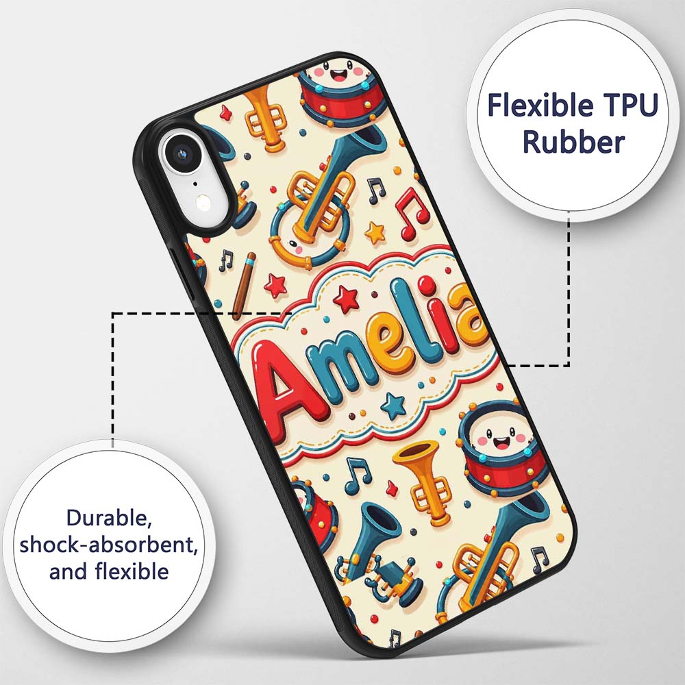 Cute Musical Instruments Drums Trumpets Notes Fun Custom Name Protective Phone Case Mobile Cover Durable Everyday Smartphone Shock Resistant