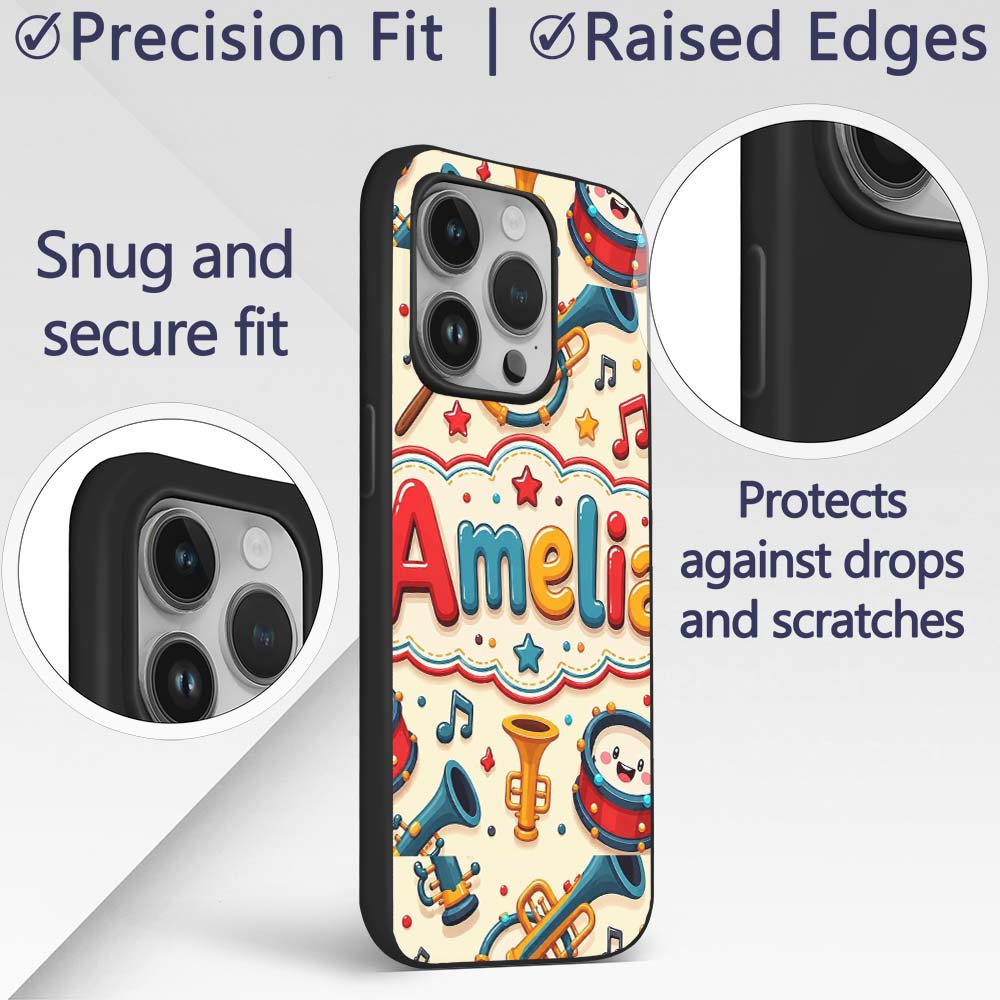 Cute Musical Instruments Drums Trumpets Notes Fun Custom Name Protective Phone Case Mobile Cover Durable Everyday Smartphone Shock Resistant