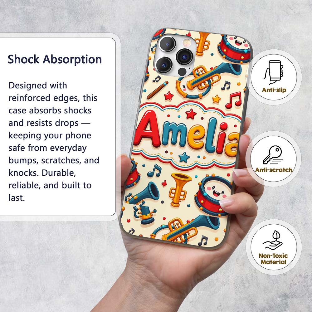 Cute Musical Instruments Drums Trumpets Notes Fun Custom Name Protective Phone Case Mobile Cover Durable Everyday Smartphone Shock Resistant