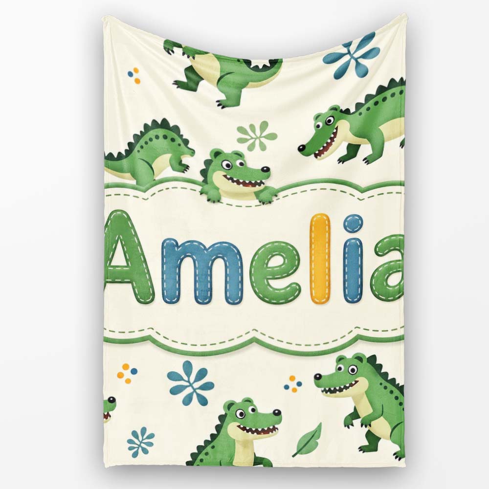 Cute Cartoon Crocodiles Jungle Leaves Playful Animal Seamless Lovely Personalised Custom Name Super Soft Fleece Blanket Bed Sofa Throw