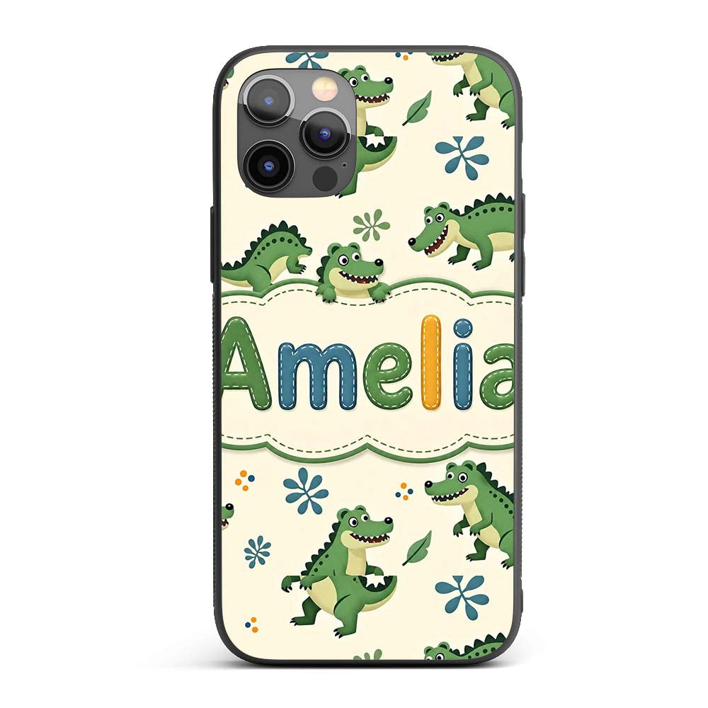 Cute Cartoon Crocodiles Jungle Leaves Playful Custom Name Protective Phone Case Mobile Cover Durable Everyday Smartphone Shock Resistant