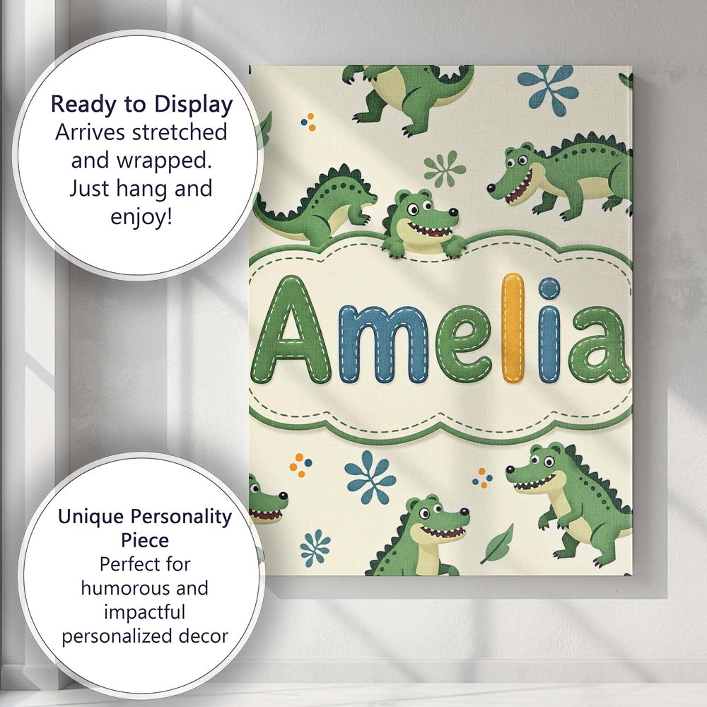 Personalised Name Cute Cartoon Crocodiles Custom Unique Gift Idea Elegant Feature Canvas Wall Art Print Decor Picture Ready to Hang