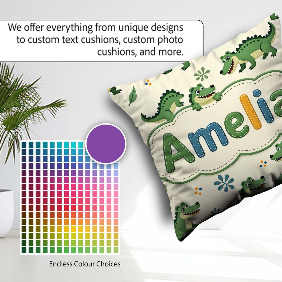 Custom Name Cute Cartoon Crocodiles Jungle Leaves Playful Animal Square Filled Cushion Throw Pillow Sofa Bed Home Decor Zip Washable UK Made