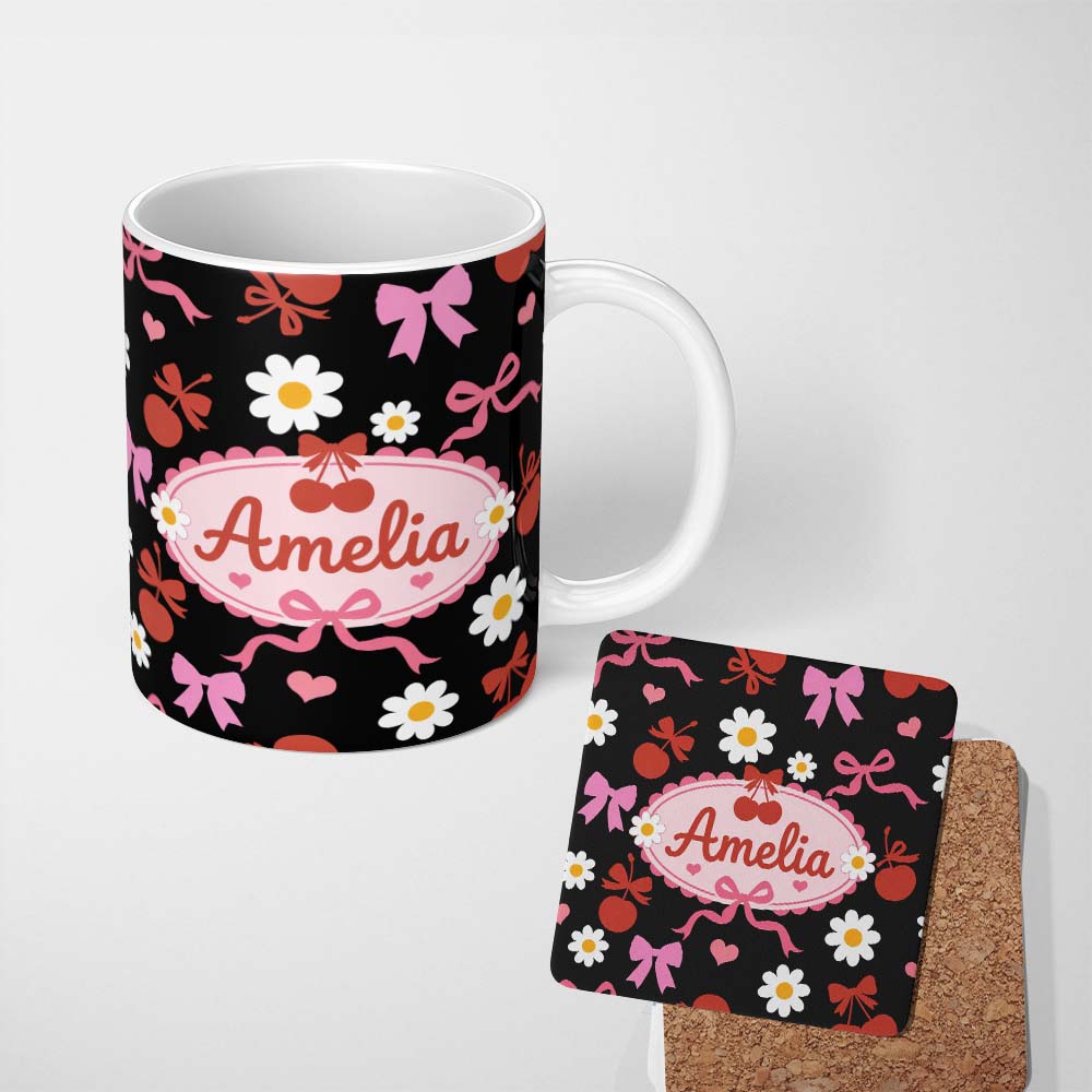 Personalized Custom Name Cute Cherry Bow Heart with Yellow Floral Detail on Grey Background 11oz Ceramic Coffee Tea Mug White Large Handle