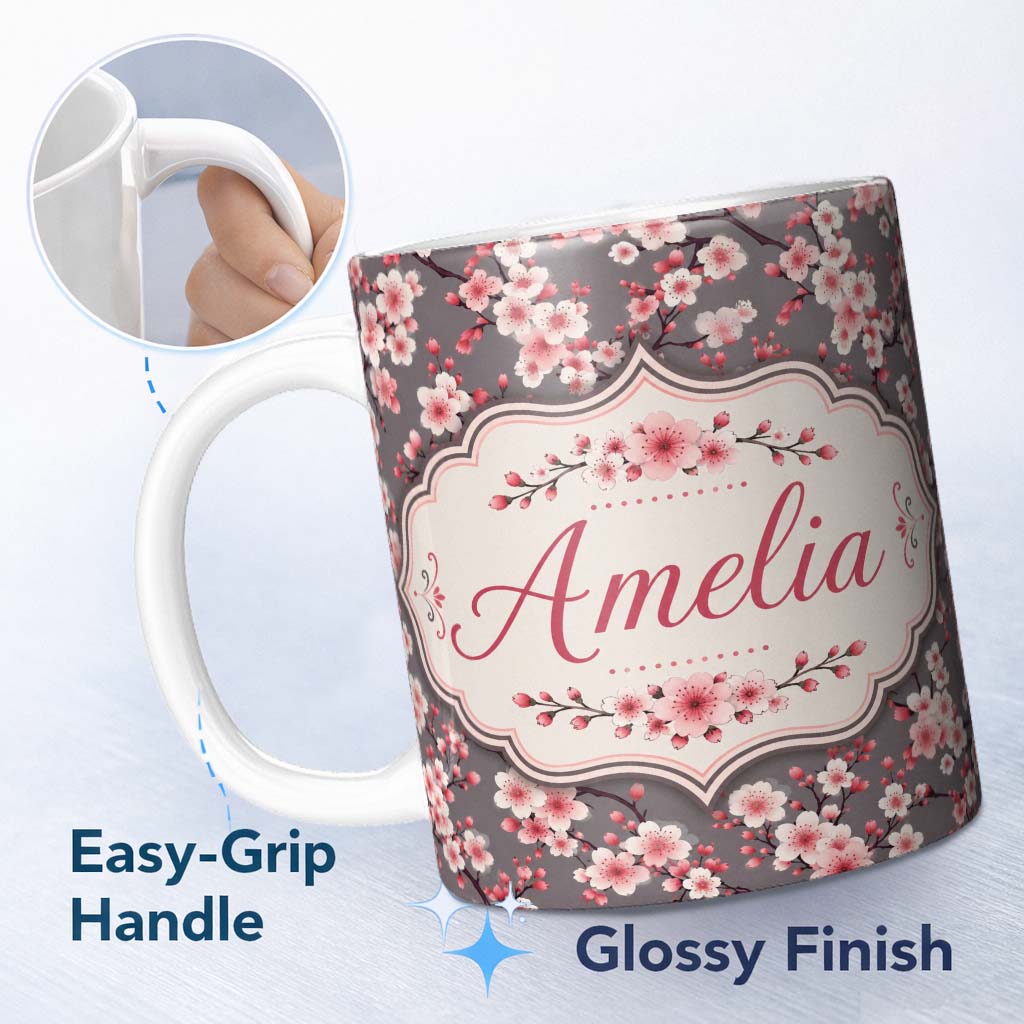 Personalized Custom Name Cherry Blossom Branches Grey Background Elegant Seamless Pattern 11oz Ceramic Coffee Tea Mug White Large Handle