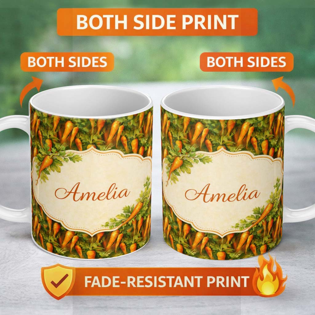 Personalized Custom Name Painterly Rustic Carrot Harvest Vegetable Seamless Pattern Lovely 11oz Ceramic Coffee Tea Mug White Large Handle