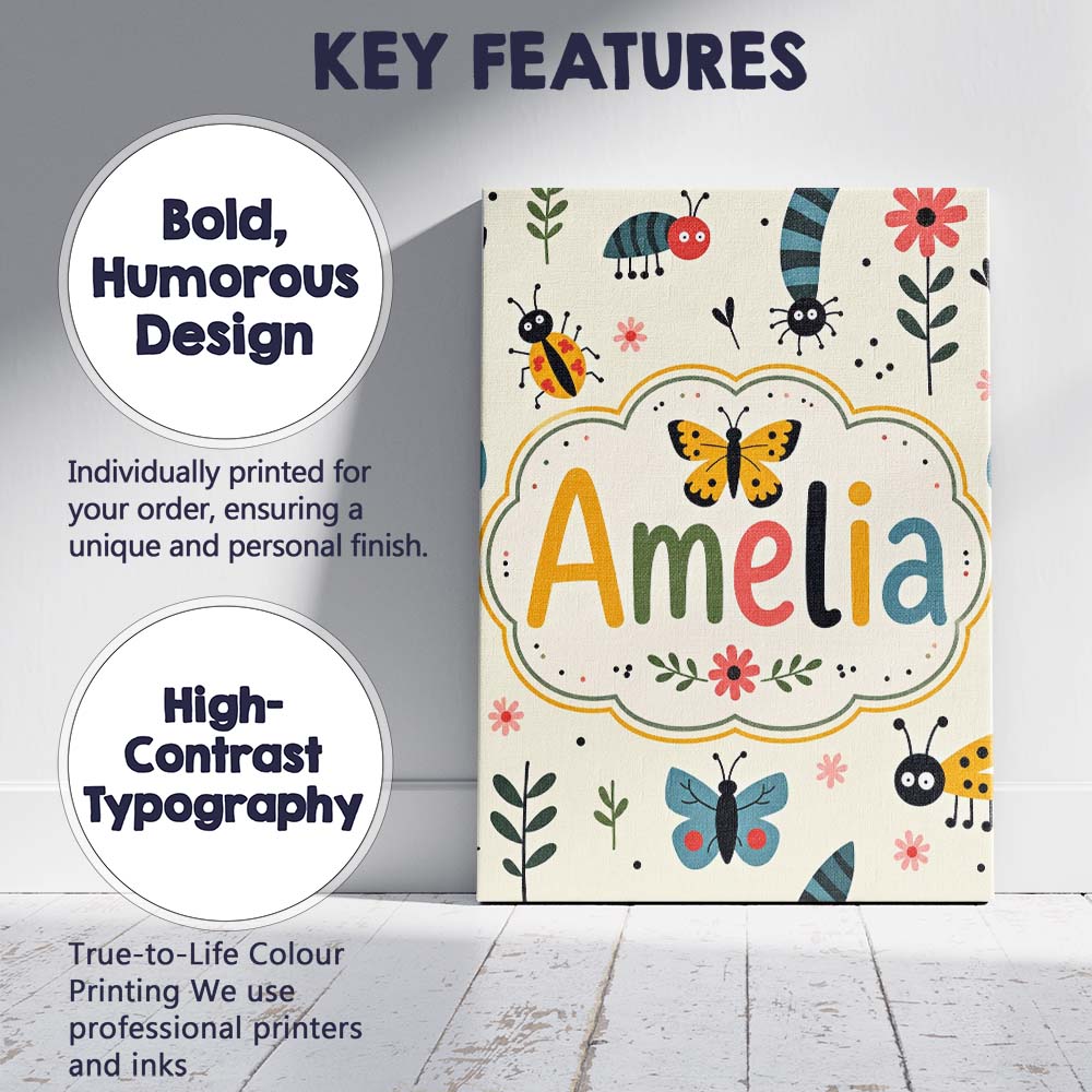 Personalised Name Cute Butterflies Ladybugs Custom Bespoke Interior Contemporary Canvas Wall Art Print Decor Picture Ready to Hang
