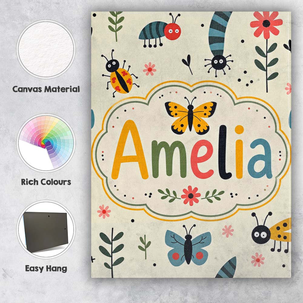 Personalised Name Cute Butterflies Ladybugs Custom Bespoke Interior Contemporary Canvas Wall Art Print Decor Picture Ready to Hang