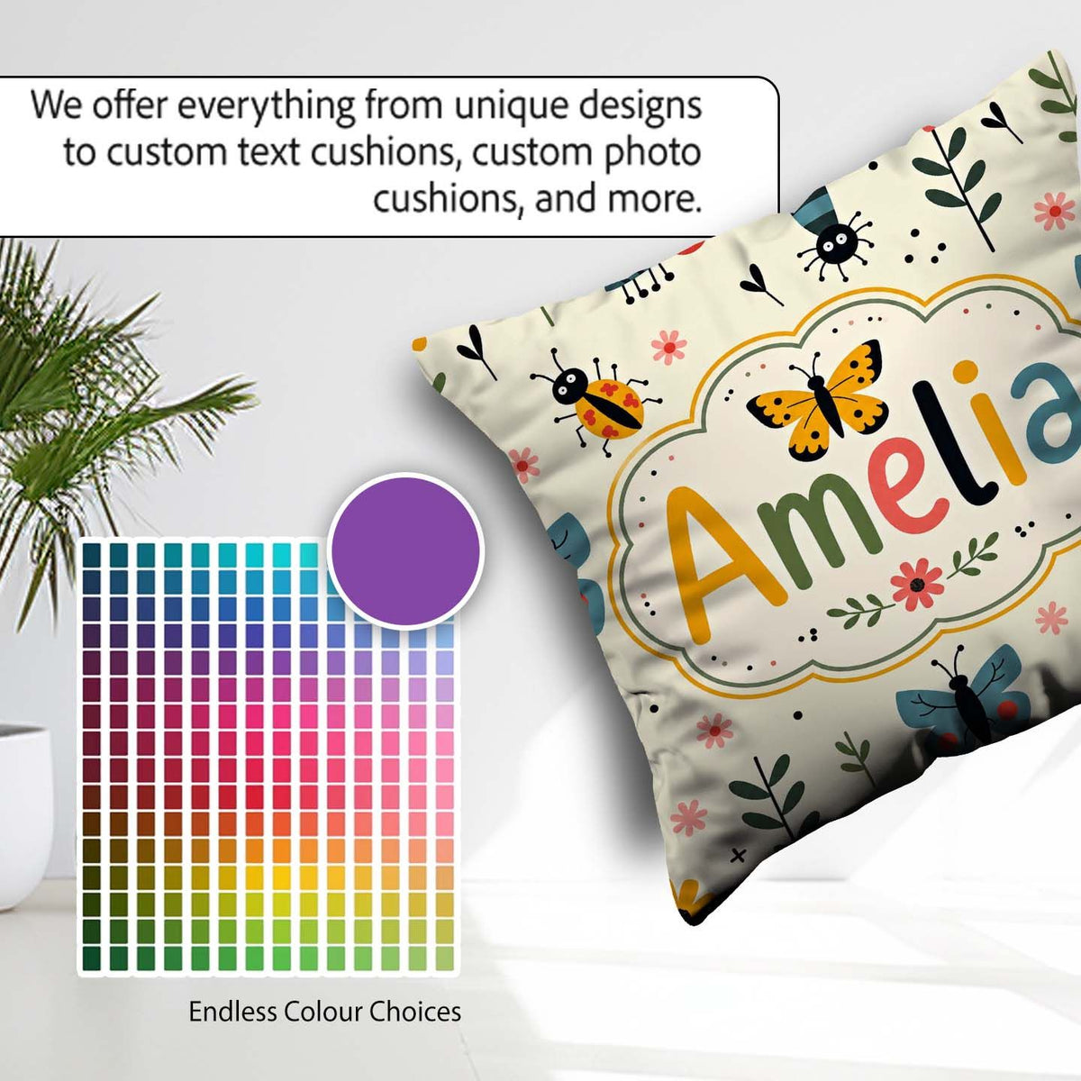 Custom Name Butterflies Ladybugs Flowers Garden Insects Seamless Square Filled Cushion Throw Pillow Sofa Bed Home Decor Zip Washable UK Made