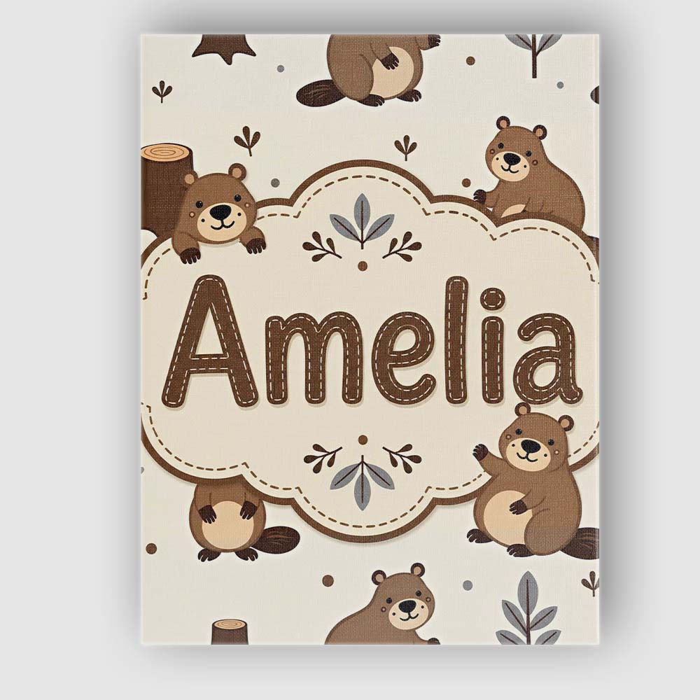 Personalised Name Cute Beavers Forest Trees Custom Bespoke Interior Contemporary Canvas Wall Art Print Decor Picture Ready to Hang