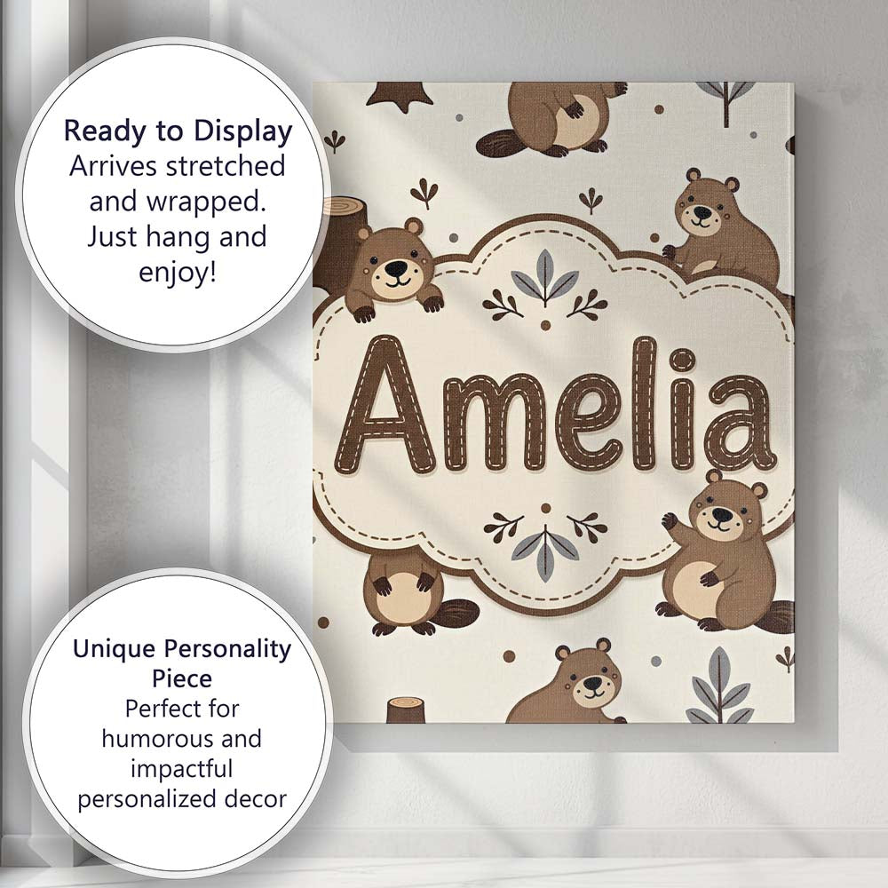 Personalised Name Cute Beavers Forest Trees Custom Bespoke Interior Contemporary Canvas Wall Art Print Decor Picture Ready to Hang
