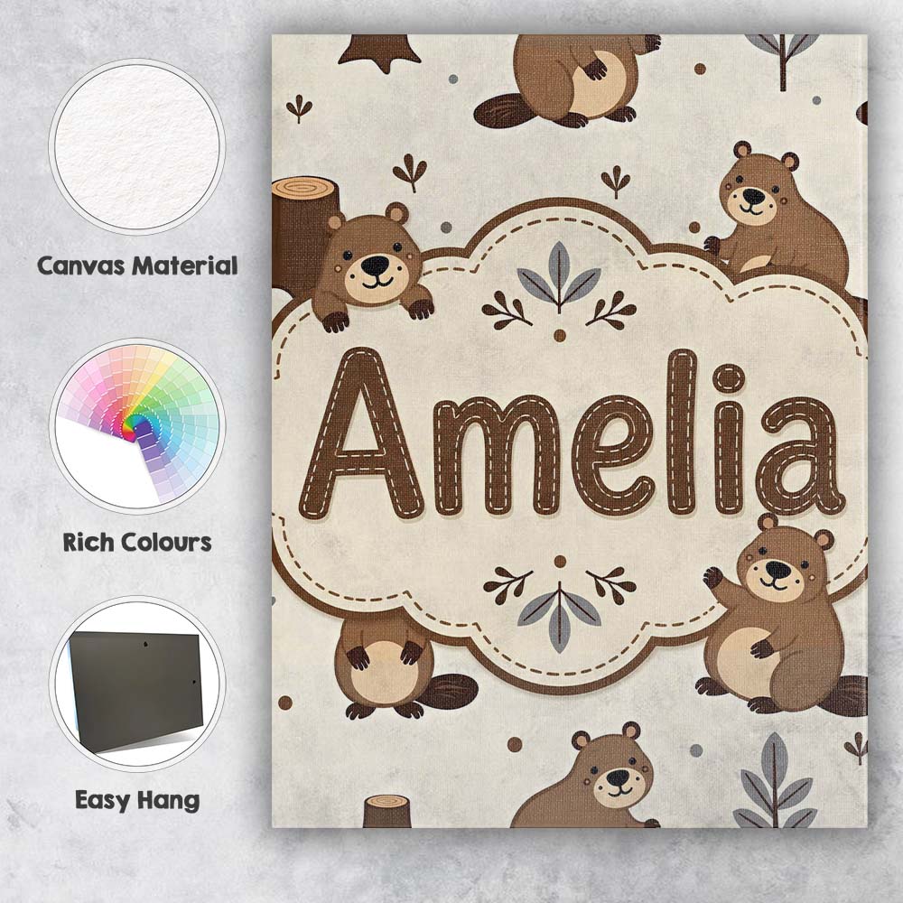 Personalised Name Cute Beavers Forest Trees Custom Bespoke Interior Contemporary Canvas Wall Art Print Decor Picture Ready to Hang
