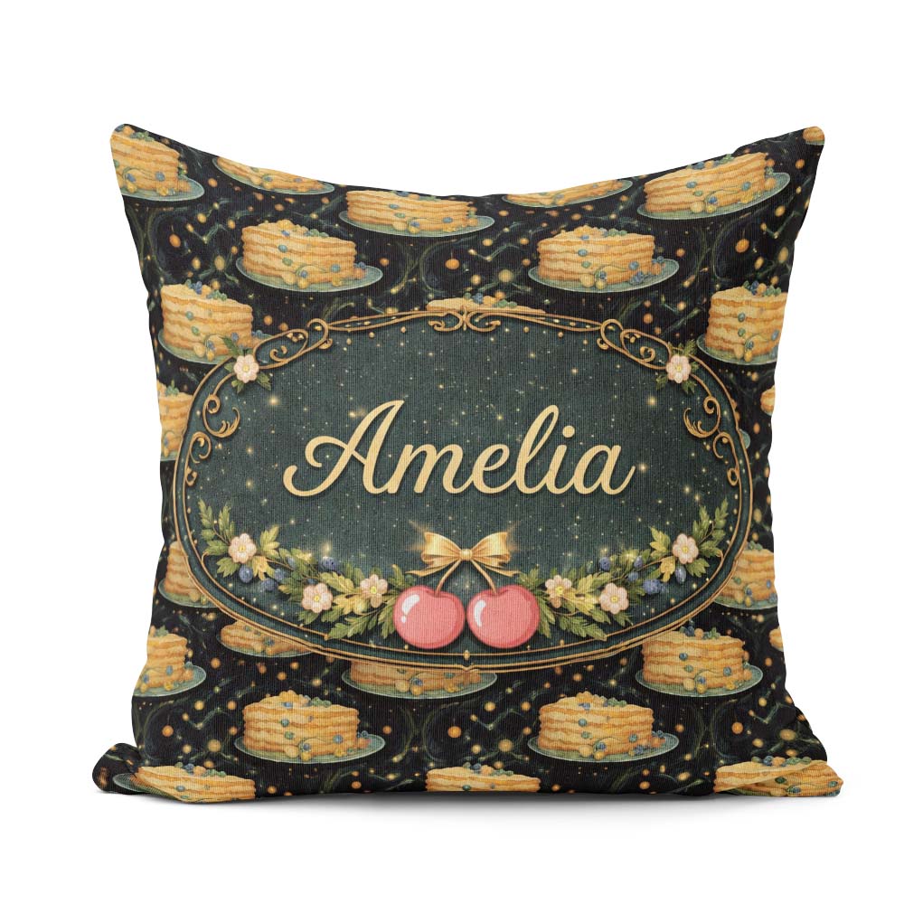 Custom Name Pink Cherry Cake Seamless Pattern Dessert Sweet Food Square Filled Cushion Throw Pillow Sofa Bed Home Decor Zip Washable UK Made