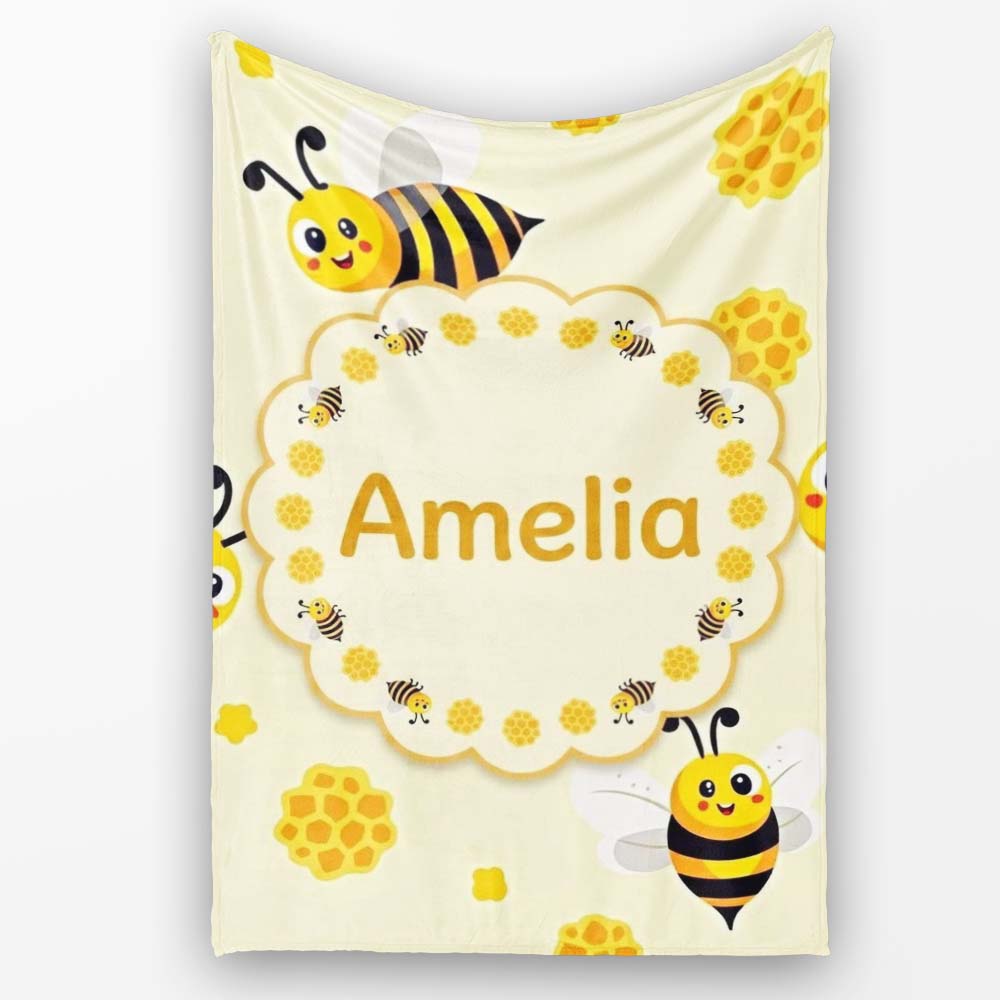 Cute Bees Honeycomb Sweet Kawaii Insects Seamless Pattern Lovely Personalised Custom Name Super Soft Fleece Blanket Bed Sofa Throw