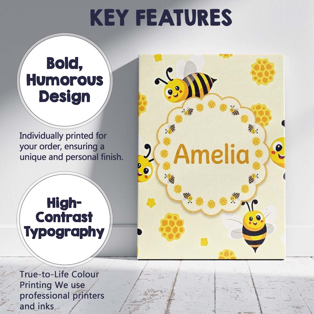 Personalised Name Cute Bees Honeycomb Sweet Custom Bespoke Interior Contemporary Canvas Wall Art Print Decor Picture Ready to Hang