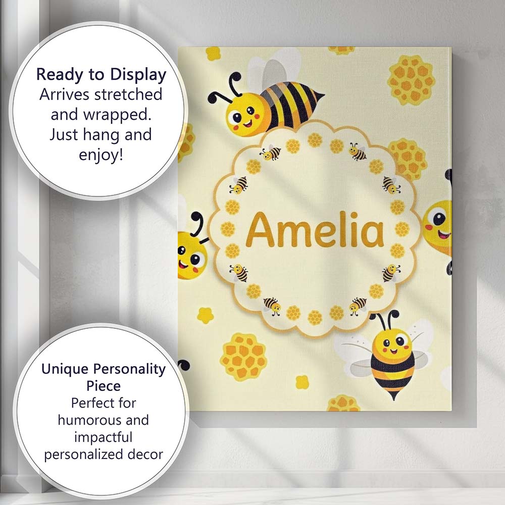 Personalised Name Cute Bees Honeycomb Sweet Custom Bespoke Interior Contemporary Canvas Wall Art Print Decor Picture Ready to Hang