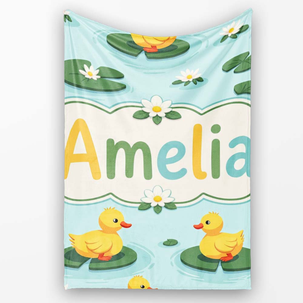 Cute Ducks on Lily Pads Pond Nature Seamless Pattern Lovely Personalised Custom Name Super Soft Fleece Blanket Bed Sofa Throw