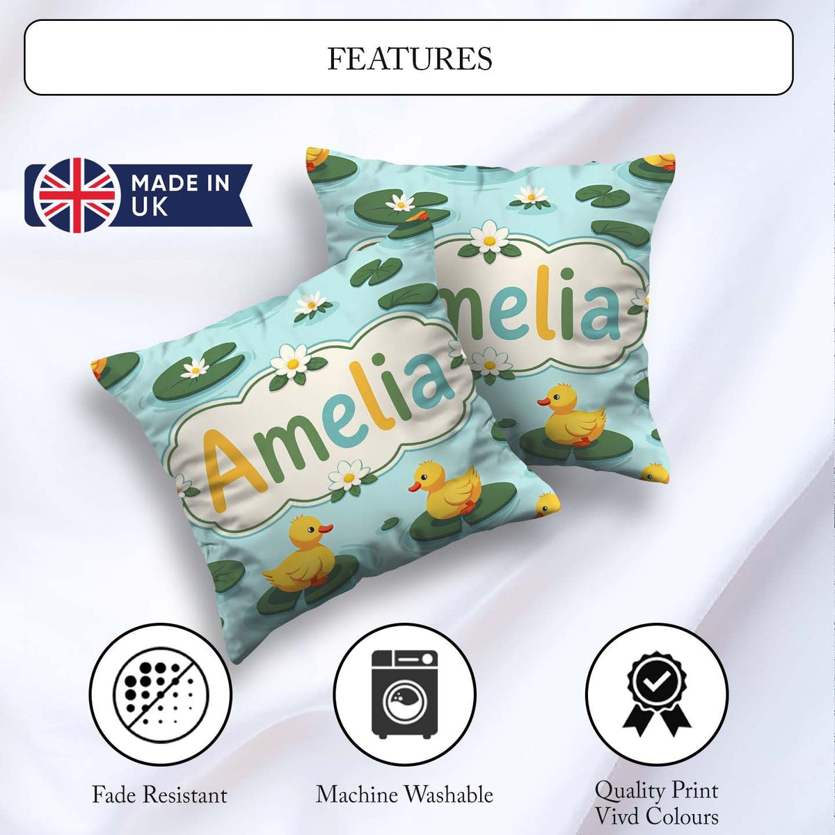 Custom Name Cute Ducks on Lily Pads Pond Nature Seamless Pattern Square Filled Cushion Throw Pillow Sofa Bed Home Decor Zip Washable UK Made