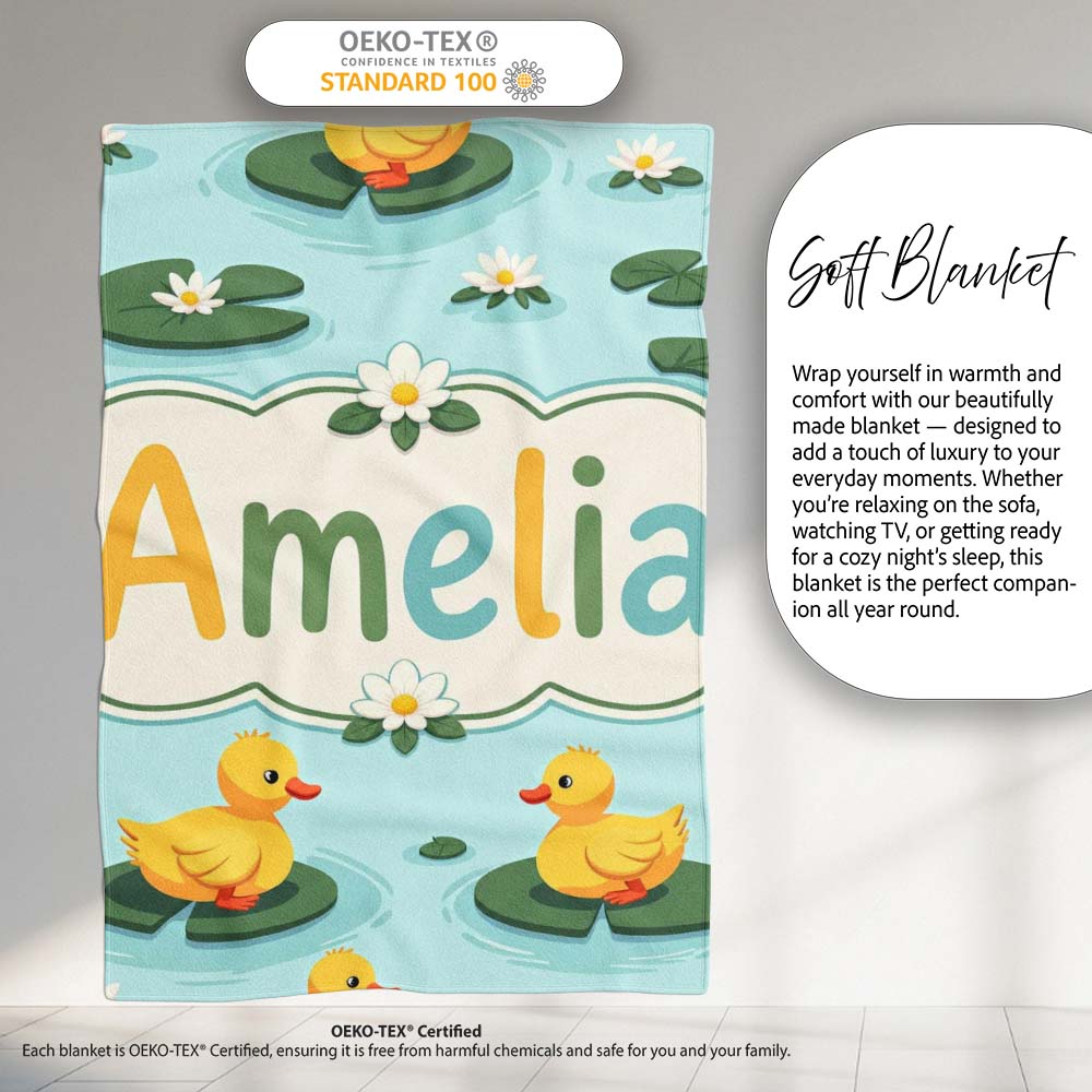 Cute Ducks on Lily Pads Pond Nature Seamless Pattern Lovely Personalised Custom Name Super Soft Fleece Blanket Bed Sofa Throw
