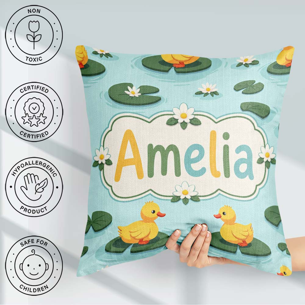 Custom Name Cute Ducks on Lily Pads Pond Nature Seamless Pattern Square Filled Cushion Throw Pillow Sofa Bed Home Decor Zip Washable UK Made