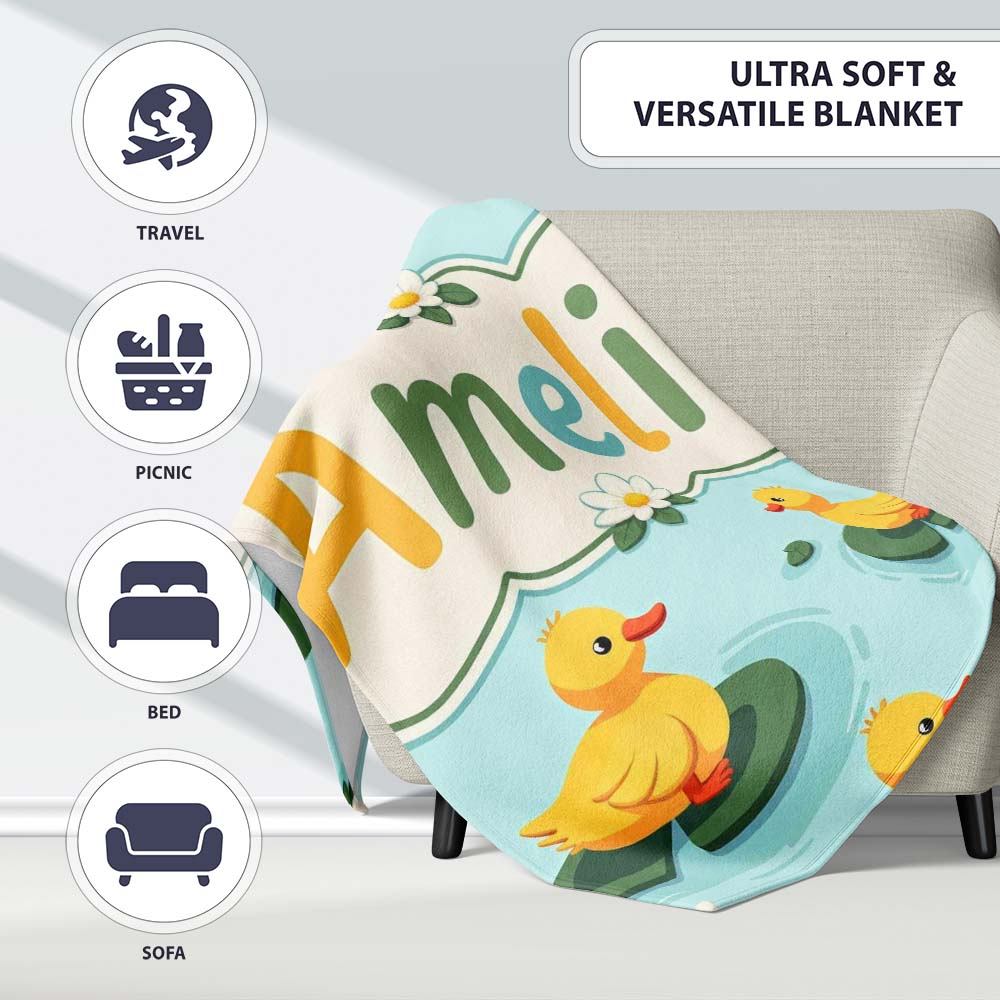 Cute Ducks on Lily Pads Pond Nature Seamless Pattern Lovely Personalised Custom Name Super Soft Fleece Blanket Bed Sofa Throw