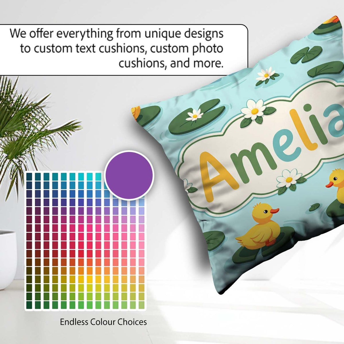 Custom Name Cute Ducks on Lily Pads Pond Nature Seamless Pattern Square Filled Cushion Throw Pillow Sofa Bed Home Decor Zip Washable UK Made