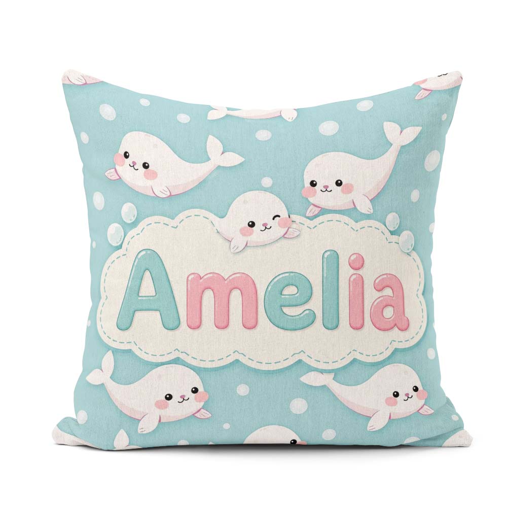 Custom Name Cute Baby Seals Ocean Bubbles Kawaii Marine Seamless Square Filled Cushion Throw Pillow Sofa Bed Home Decor Zip Washable UK Made