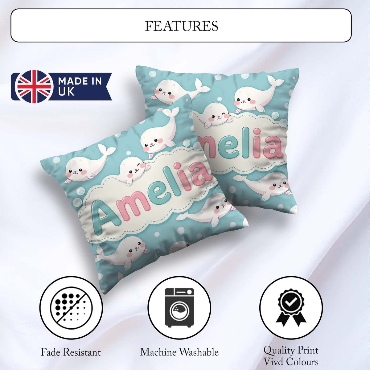 Custom Name Cute Baby Seals Ocean Bubbles Kawaii Marine Seamless Square Filled Cushion Throw Pillow Sofa Bed Home Decor Zip Washable UK Made
