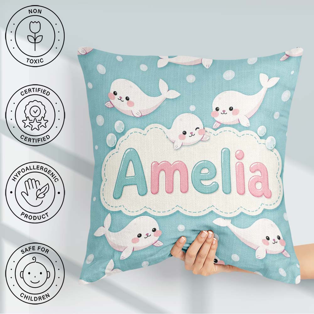 Custom Name Cute Baby Seals Ocean Bubbles Kawaii Marine Seamless Square Filled Cushion Throw Pillow Sofa Bed Home Decor Zip Washable UK Made
