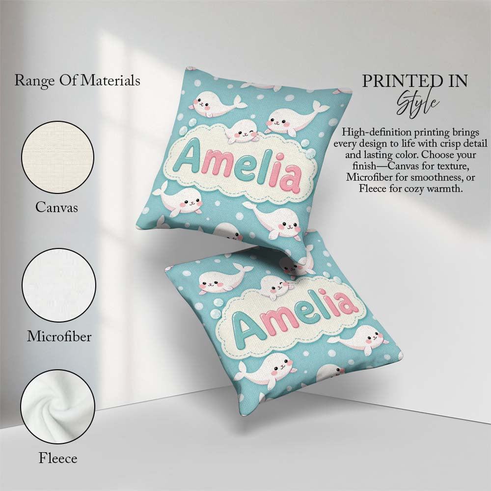 Custom Name Cute Baby Seals Ocean Bubbles Kawaii Marine Seamless Square Filled Cushion Throw Pillow Sofa Bed Home Decor Zip Washable UK Made