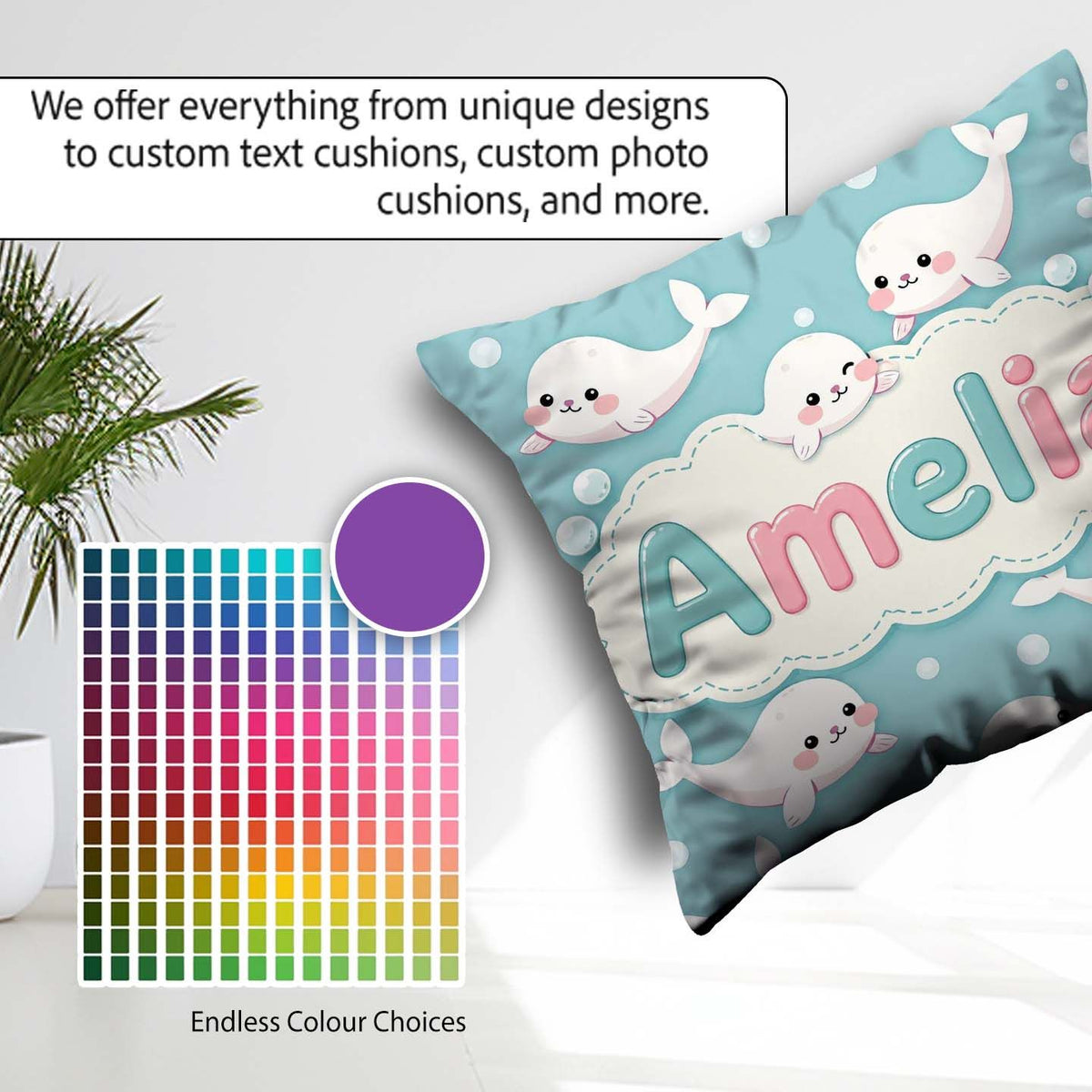Custom Name Cute Baby Seals Ocean Bubbles Kawaii Marine Seamless Square Filled Cushion Throw Pillow Sofa Bed Home Decor Zip Washable UK Made