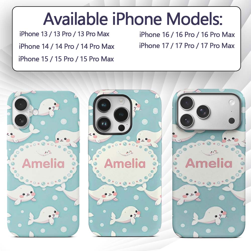 Cute Baby Seals Ocean Bubbles Marine Seamless Custom Name Protective Phone Case Mobile Cover Durable Everyday Smartphone Shock Resistant