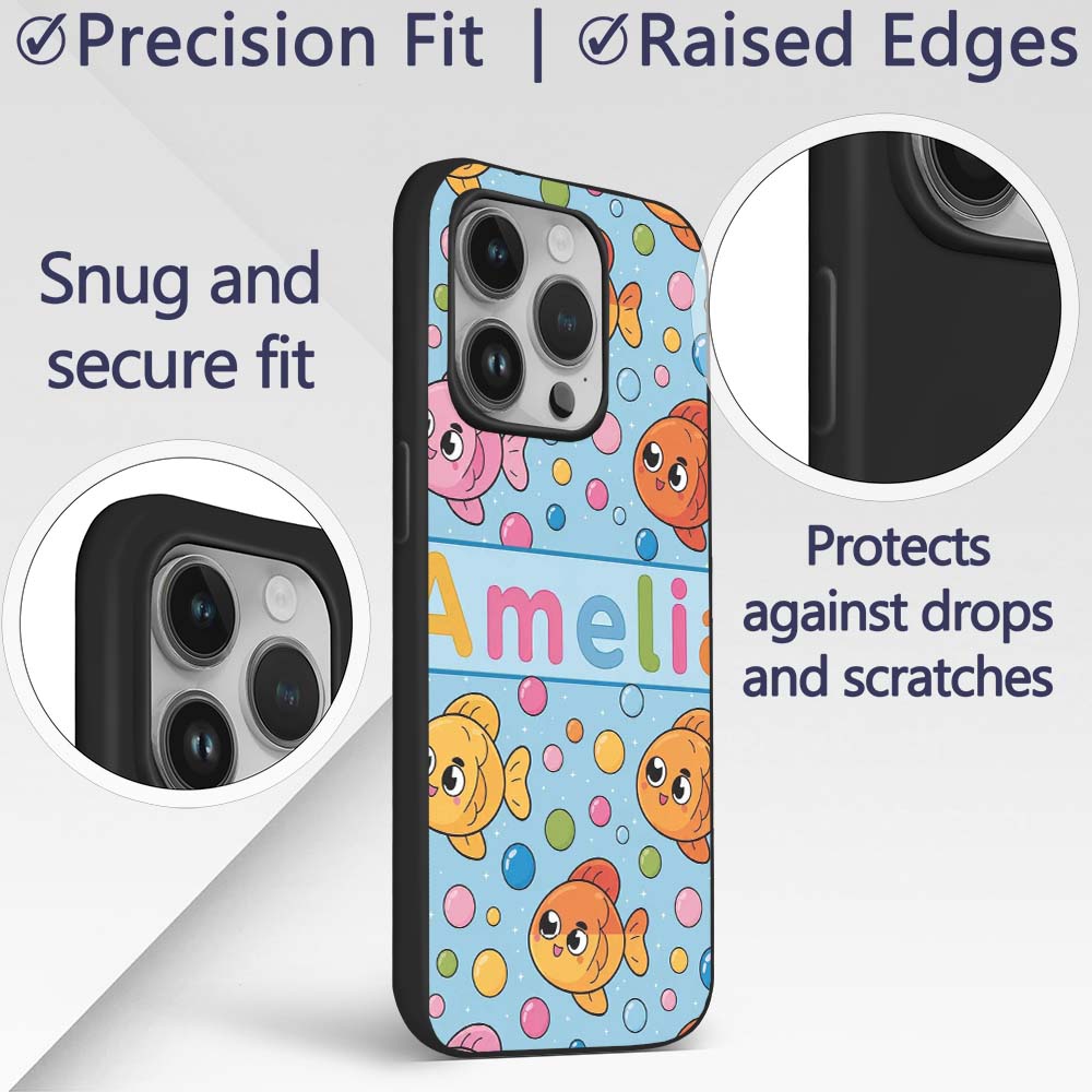 Cute Colorful Fish Bubbles Underwater Kawaii Custom Name Protective Phone Case Mobile Cover Durable Everyday Smartphone Shock Resistant