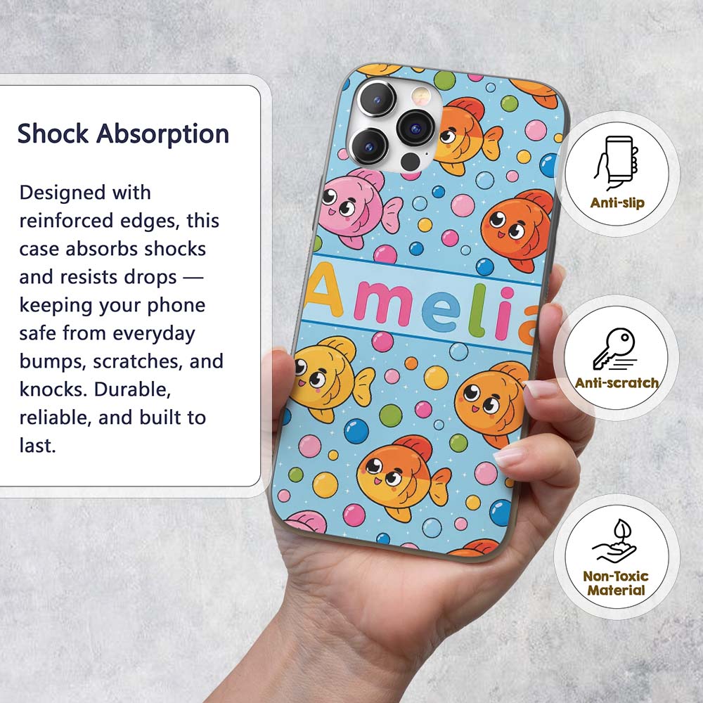 Cute Colorful Fish Bubbles Underwater Kawaii Custom Name Protective Phone Case Mobile Cover Durable Everyday Smartphone Shock Resistant
