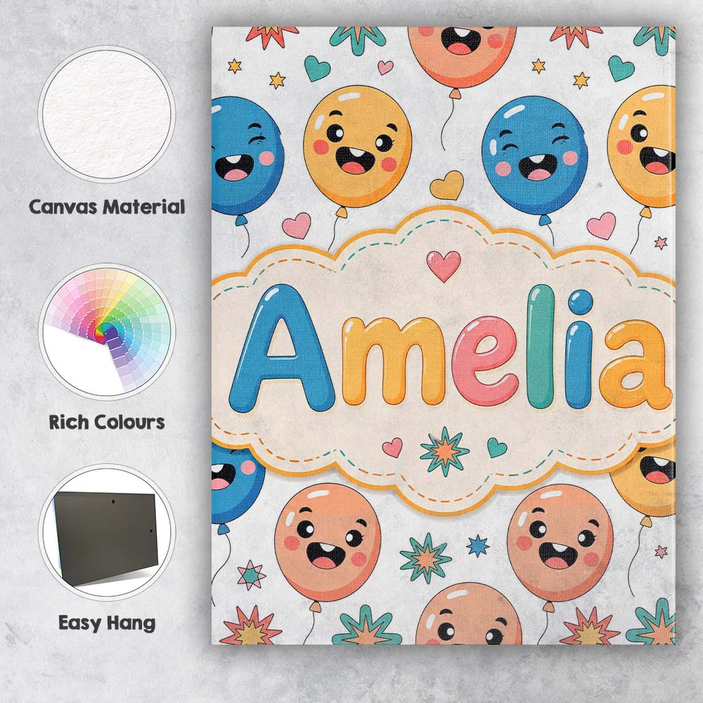 Personalised Name Cute Smiling Balloons Custom Modern Room Accent Elegant Feature Canvas Wall Art Print Decor Picture Ready to Hang