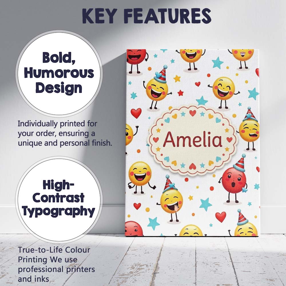 Personalised Name Cute Happy Emoji Faces Custom Unique Gift Idea Elegant Feature Canvas Wall Art Print Decor Picture Ready to Hang