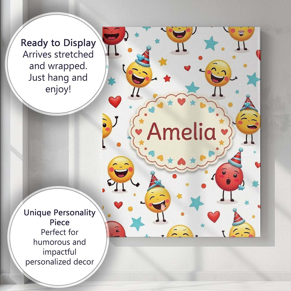 Personalised Name Cute Happy Emoji Faces Custom Unique Gift Idea Elegant Feature Canvas Wall Art Print Decor Picture Ready to Hang