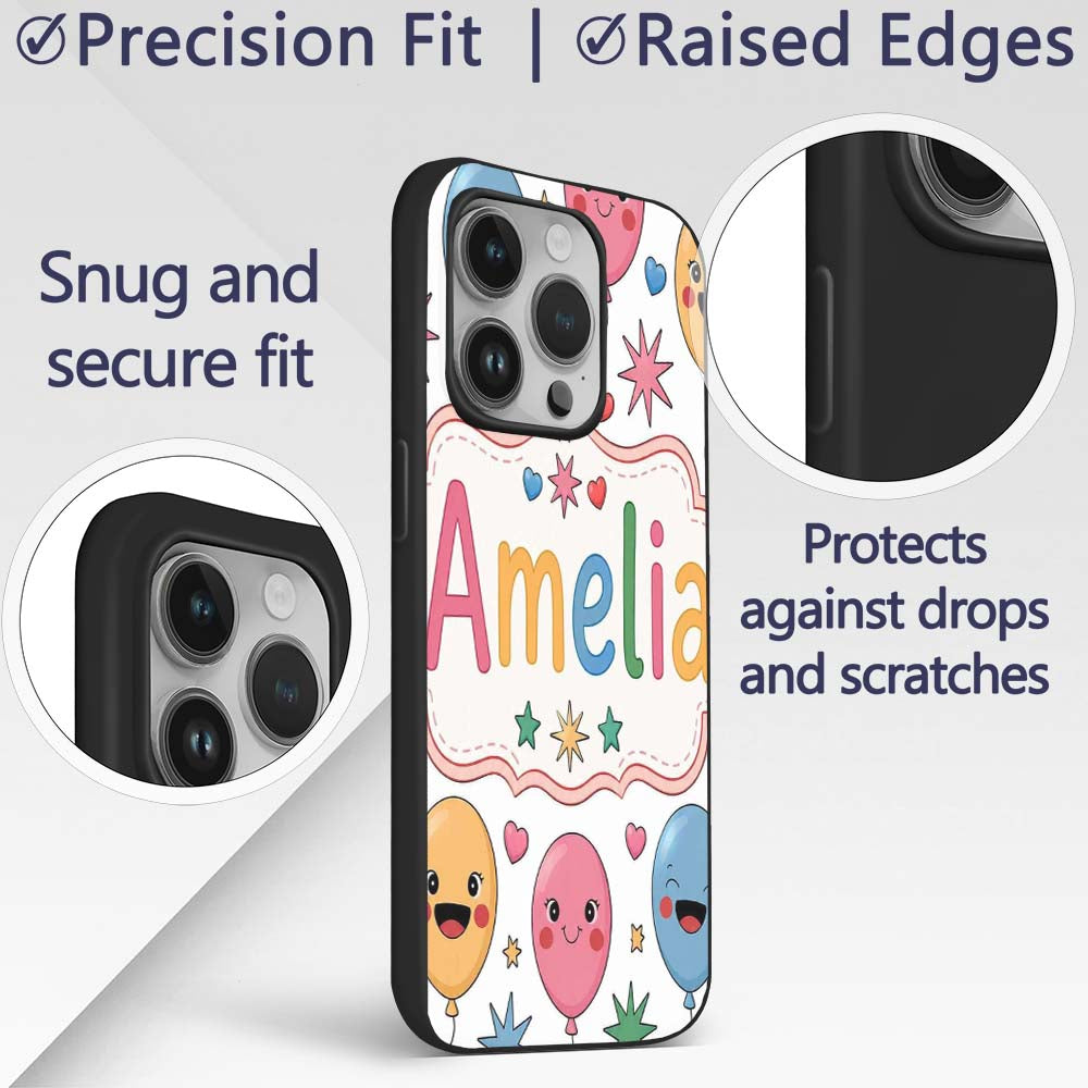 Cute Colorful Balloons Hearts and Starbursts Custom Name Protective Phone Case Mobile Cover Durable Everyday Smartphone Shock Resistant