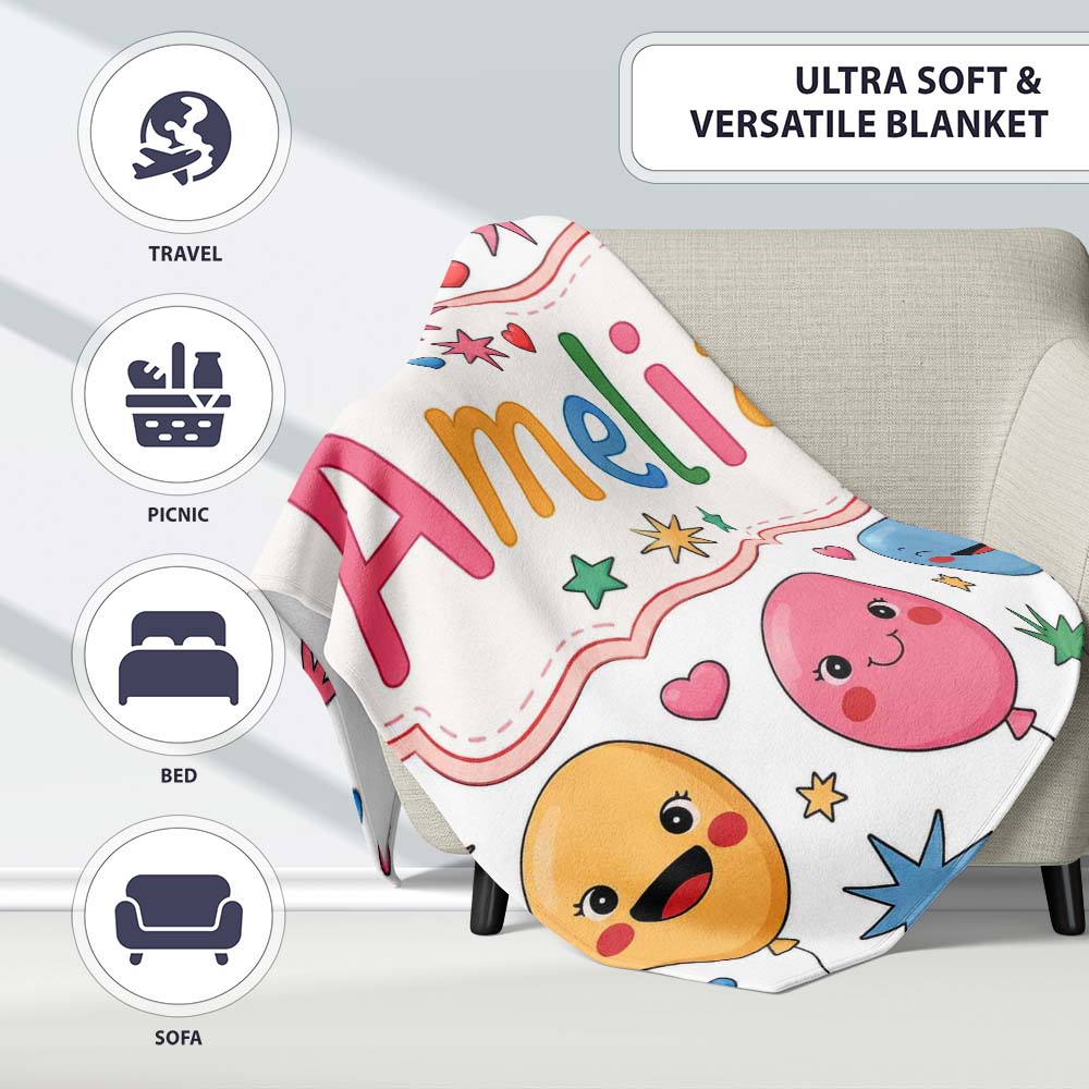 Cute Colorful Balloons Hearts and Starbursts Party Seamless Pattern Personalised Custom Name Super Soft Fleece Blanket Bed Sofa Throw