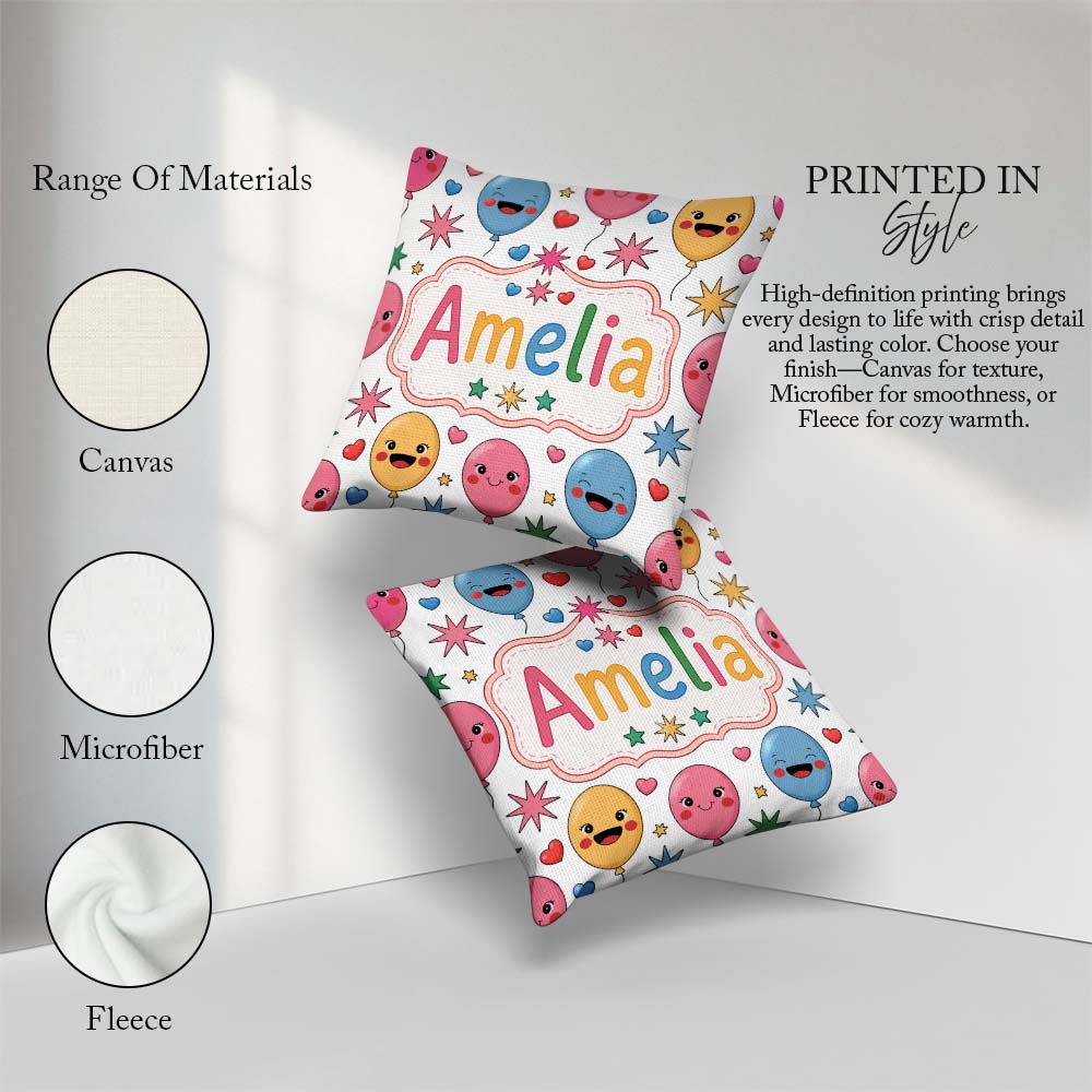 Custom Name Colorful Balloons Hearts and Party Seamless Pattern Square Filled Cushion Throw Pillow Sofa Bed Home Decor Zip Washable UK Made
